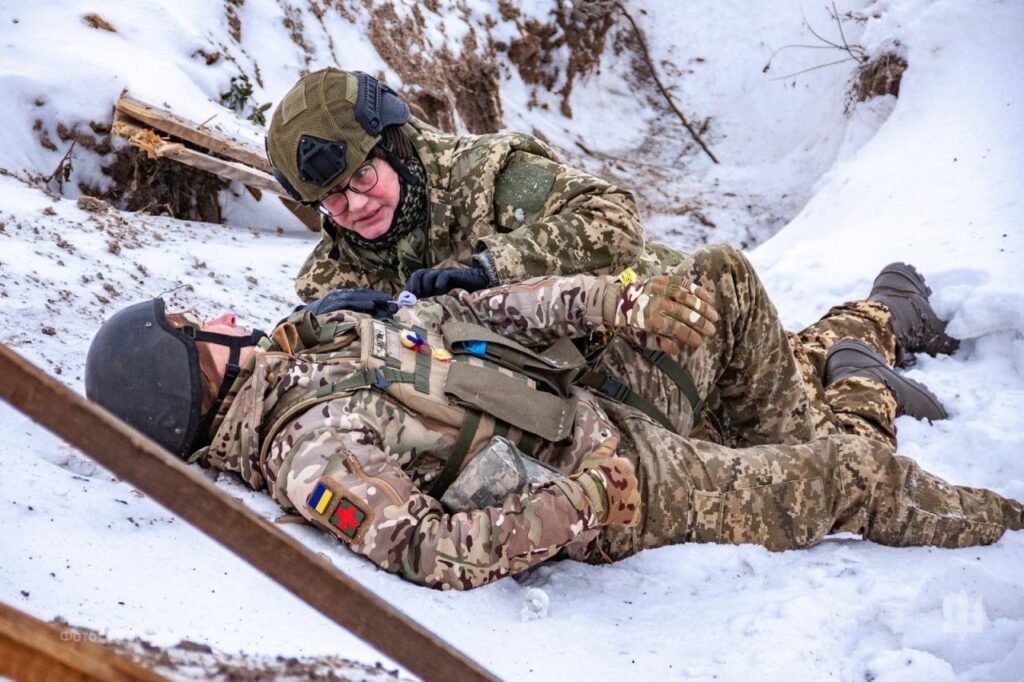 Military training of Ukrainian combat medics. Their main task is to provide first aid to injured Ukrainian soldiers on the battlefield